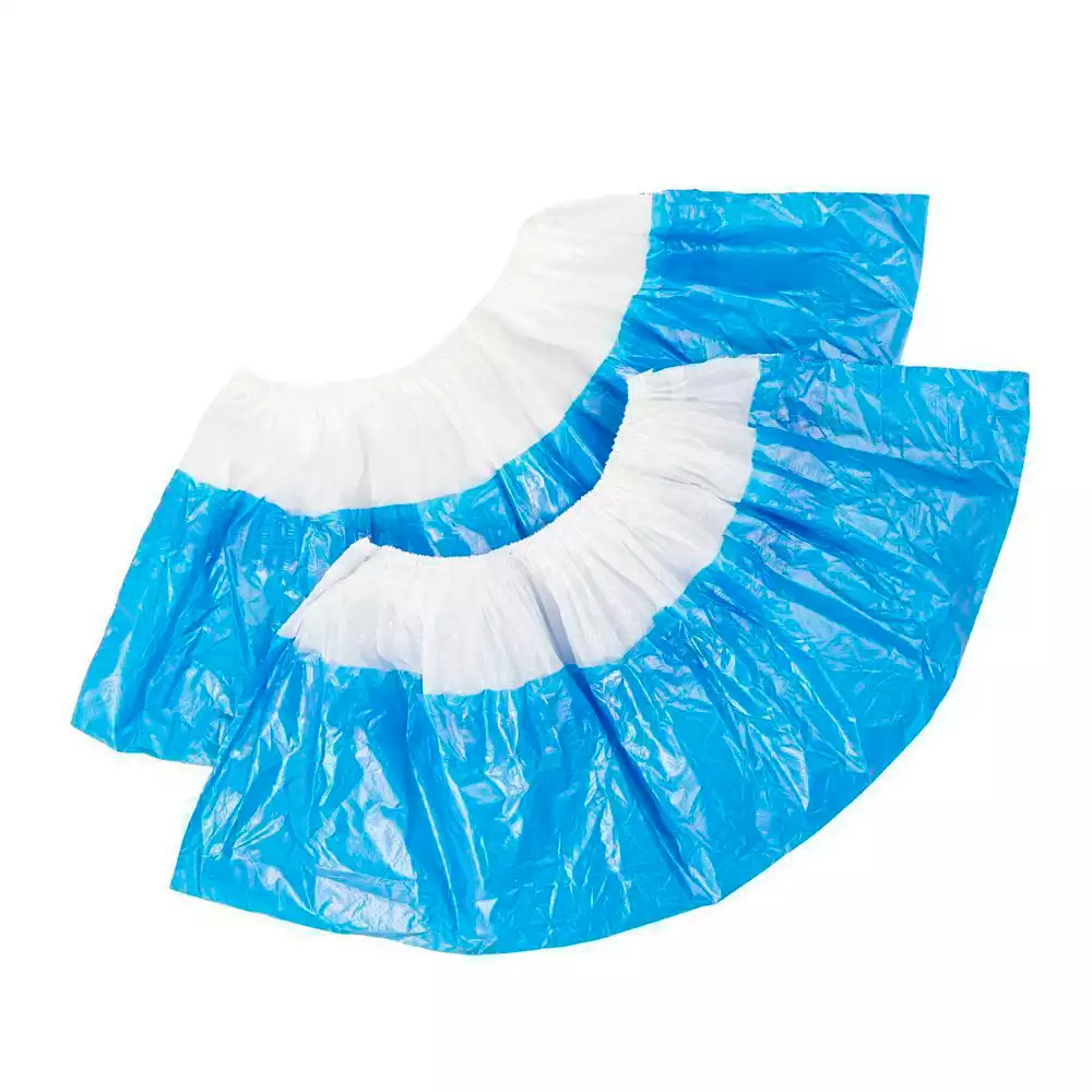 Бахилы "СУПЕР" ПНД 60мкм, полиэтиленовые, с двойной  резинкой, двойное дно, вес 6,0 гр/пара, размер 400*140мм, цвет - бело-синий, ЕВРОБЛОК