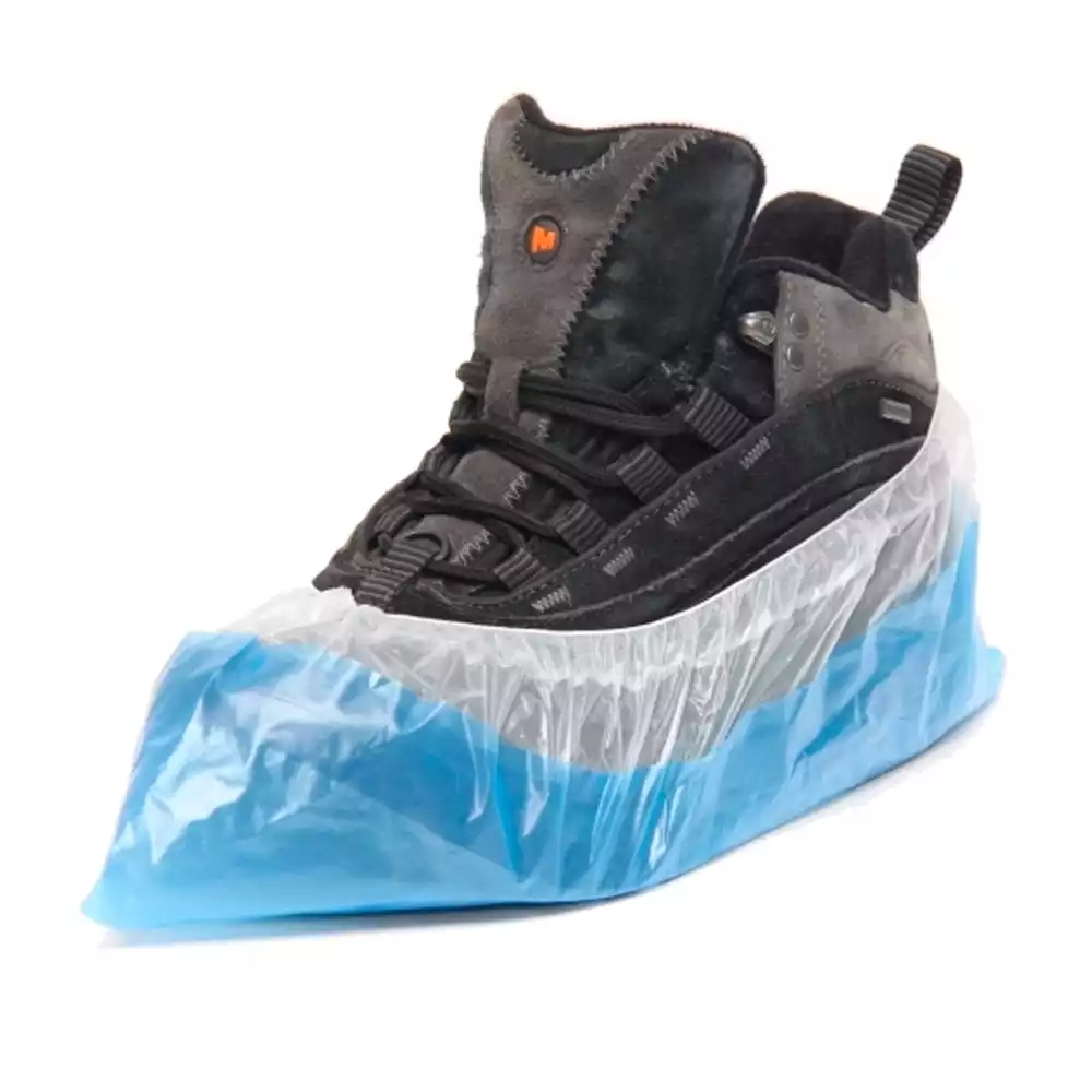 Бахилы "СУПЕР" ПНД 60мкм, полиэтиленовые, с двойной  резинкой, двойное дно, вес 6,0 гр/пара, размер 400*140мм, цвет - бело-синий, ЕВРОБЛОК