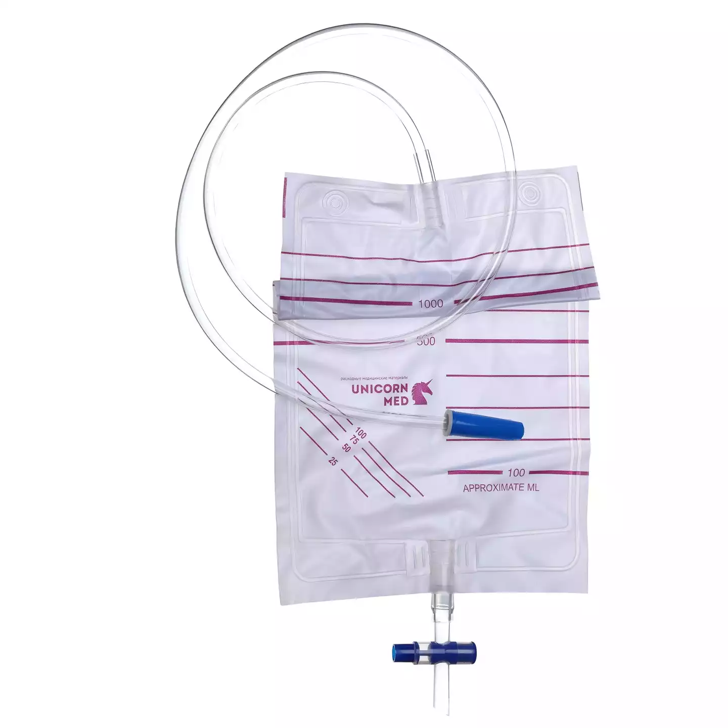 Мочеприемник прикроватный 1000мл, длина трубки 90см, цена деления 50мл, одноразовый, стерильный